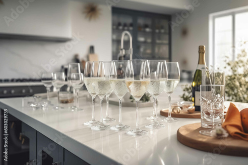 Champagne glass on the kitchen counter with prepared food in the background. Generative AI © Andrii 