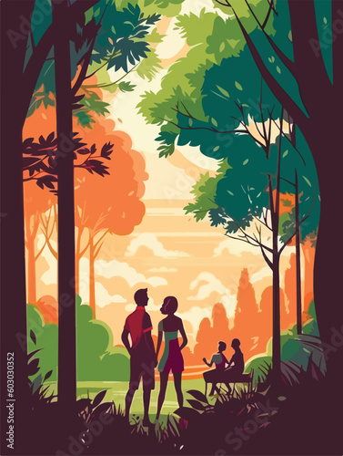 Happy family walking in park. Poster in retro style. Vector illustration
