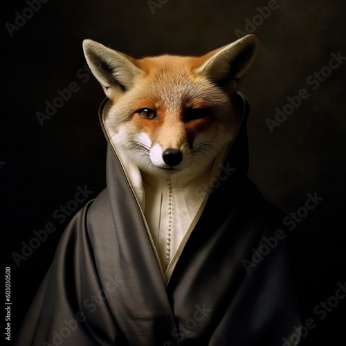 A red fox wearing a black robe and a hood. Generative AI. Fox as a nun.