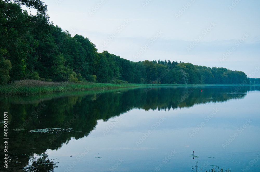 Jezioro, woda, krajobraz, niebo, las,