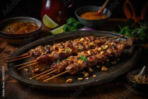 Malaysian food satay on the plate. Generative AI