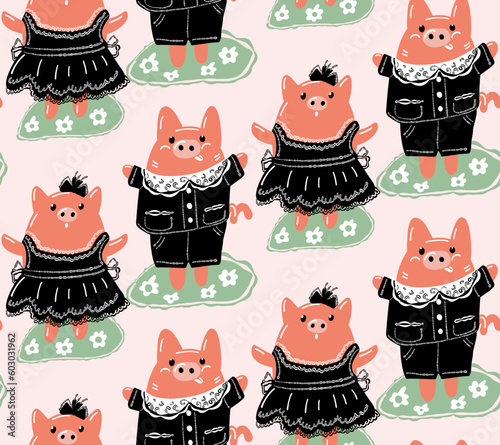 Seamless pattern with Cute piglets in clothes.