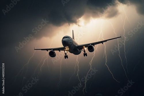 Aeroplane Flying Through a Violent Lightning Storm: Rain, Wind, and Thunder, Generative AI