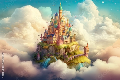 Colourful Dream Castle in the Clouds: A Three-Dimensional Fantasy Design of Heaven, Nature and Magic, Generative AI