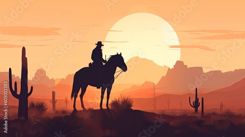 American Cowboy on Wild Horse in the Prairie: An Illustration of Freedom and Nature. Generative AI