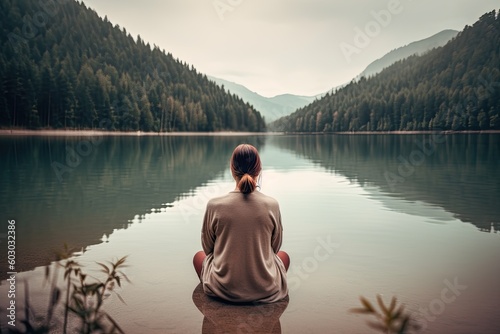 Cherishing the Moment: Woman Meditating Near a Serene Lake for Inner Peace and Calm, Generative AI