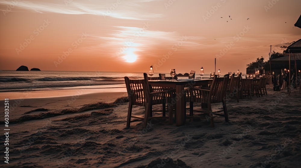 The Perfect Paradise: Relaxing at an Eatery on the Beach at Sunset. Generative AI