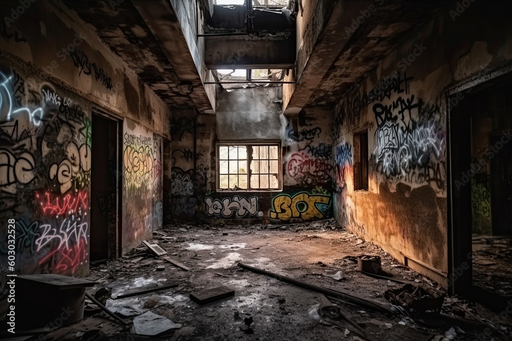 Twilight Scene of an Abandoned Factory with Paint and Graffiti Eroding the Brick Walls. Generative AI