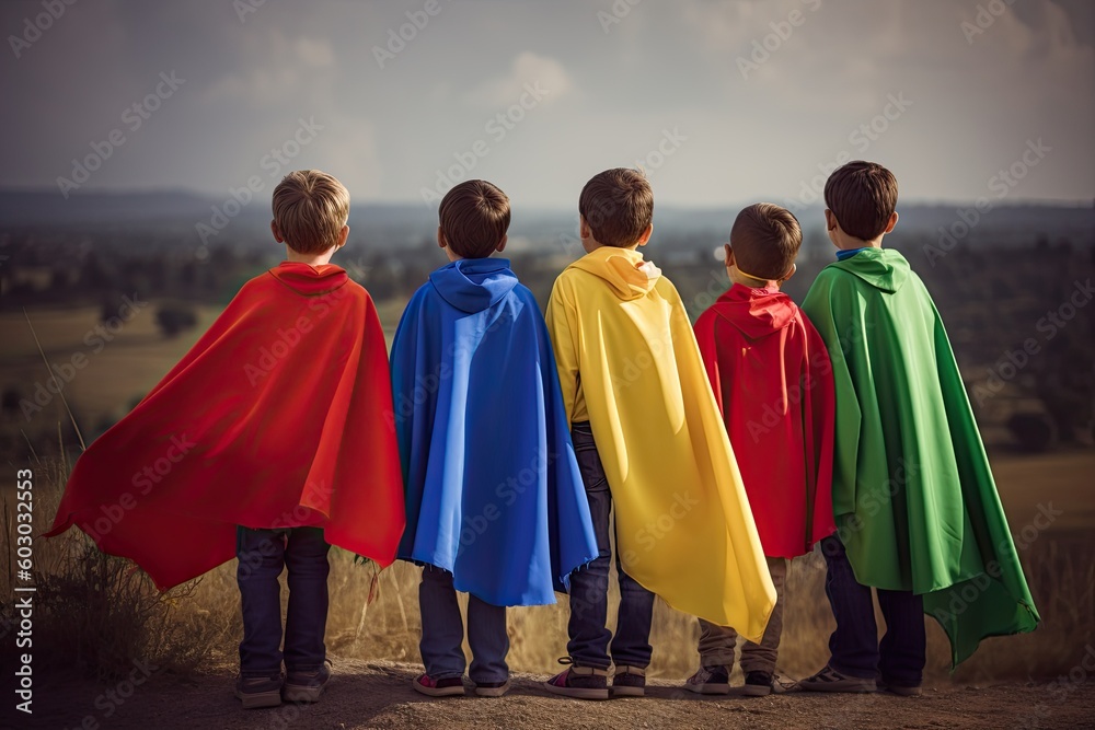 Young Superheros Unite! Boys in their Bold Capes Show Strength and Courage. Generative AI