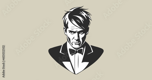 Vector male graphic black and white portrait of a disheveled bandit gentleman in a suit and a bow tie with a menacing look. Light isolated background.