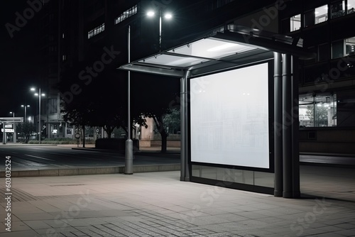 Urban Signage: Empty Commercial Billboard at Exterior Bus Stop: Generative AI