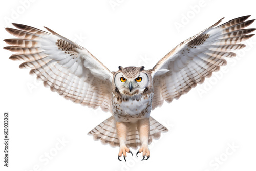 An owl is flying with its wings spread. Generative AI.