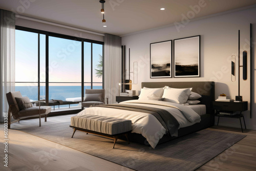 Modern bedroom with large bed, pillows, dark wood, plush furniture with floor to ceiling windows overlooking beach. Generative AI