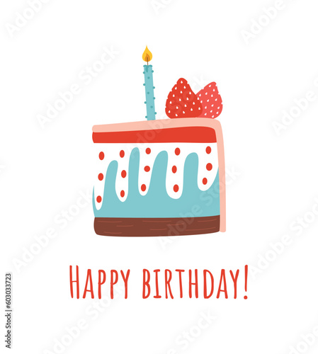 Cute happy birthday card with piece of cake and candles. Vector illustration
