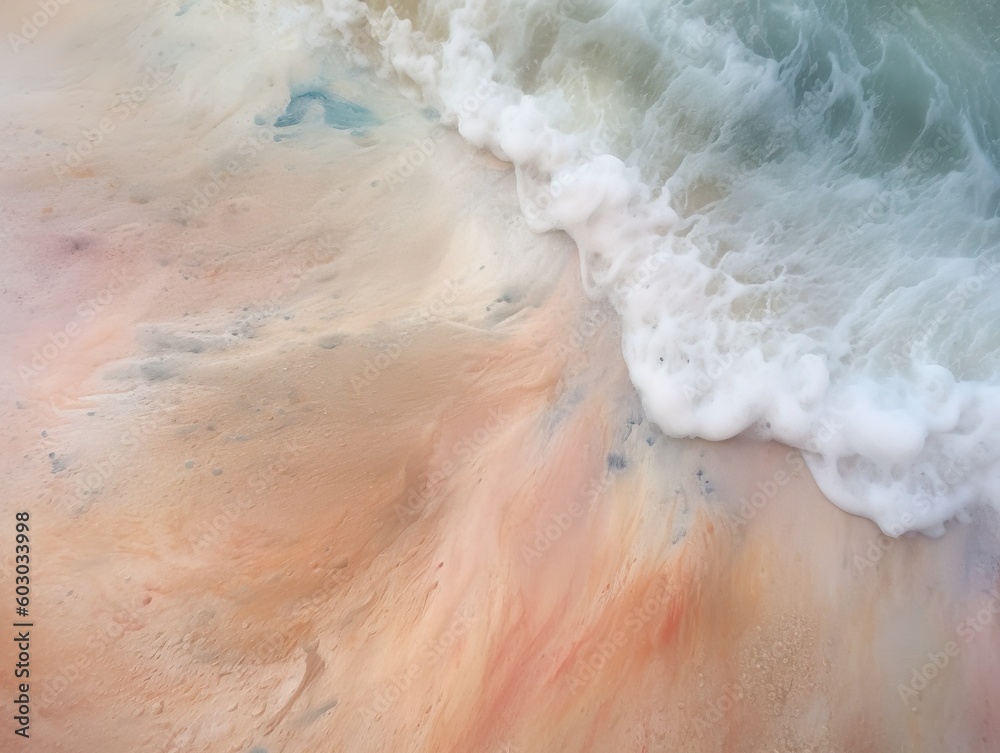Sea foam on the sand, shoreline close up. Detail of the sea reaching the beach (AI generated)