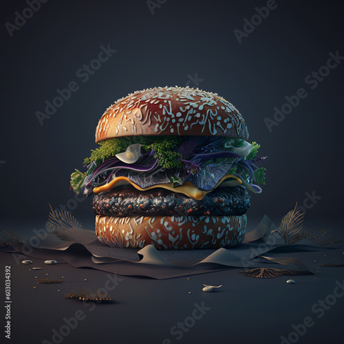 Close-up of darky table with fresh burger created with Generative Ai technology photo