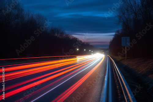 beautiful of light trails of a car in the night. generative AI
