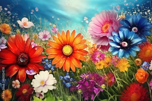 Many colorful flowers blossoming in a meadow - AI Generated