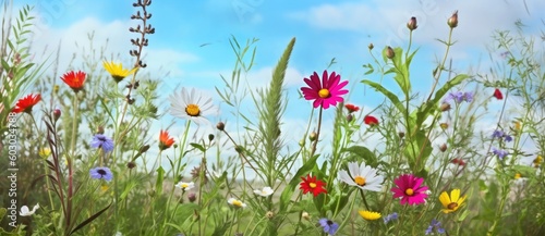 Panoramic view of spring wild flowers in a meadow - AI Generated