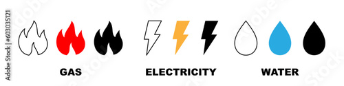 Gas, electricity, water public utilities line icon set. Editable stroke illustration