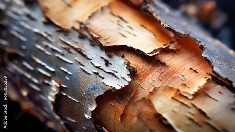 peeling birch bark macro shot, close up, Generative AI