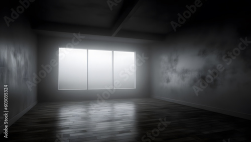 black photograph of an empty, dark room. generative AI