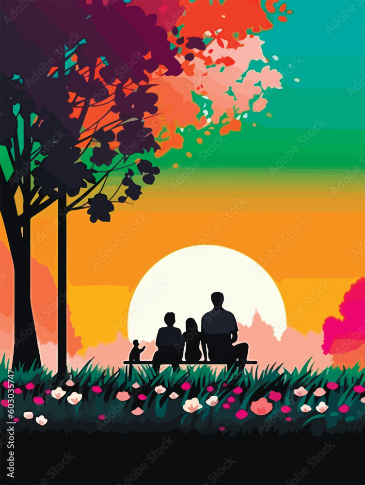 Naklejka premium Happy family walking in park. Poster in retro style. Vector illustration