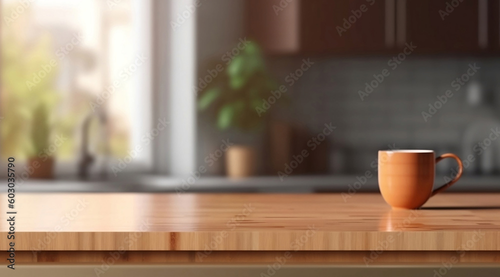 Wooden texture table top with coffee cup on blurred kitchen window background. For product display or design key visual layout Generative AI Wooden texture table top with coffee cup on blurred kitchen window background. For product display or design key visual layout Generative AI