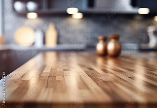 Wooden texture table top on blurred kitchen room  window background. For product display Generative AI photo