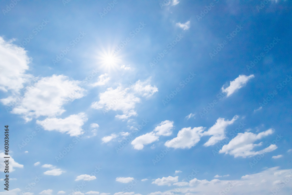 Panoramic view of clear blue sky and clouds, Blue sky background with tiny clouds. White fluffy clouds in the blue sky. Panoramic view of clear blue sky and clouds, Blue sky background with tiny clouds. White fluffy clouds in the blue sky.