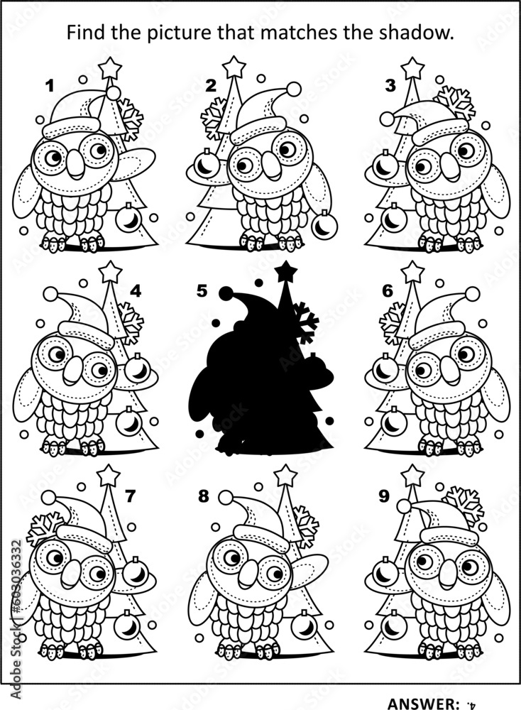Shadow game with cute owl decorating christmas tree: Find the picture that matches the shadow. Answer included.
Shadow game with cute owl decorating christmas tree: Find the picture that matches the shadow. Answer included.