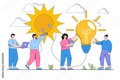 Vector illustration of alternative renewable energy sources, technological solar panels, and large light bulb is recharged from the sun with people characters