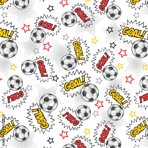 Football balls,goal text with stars pattern for textile print