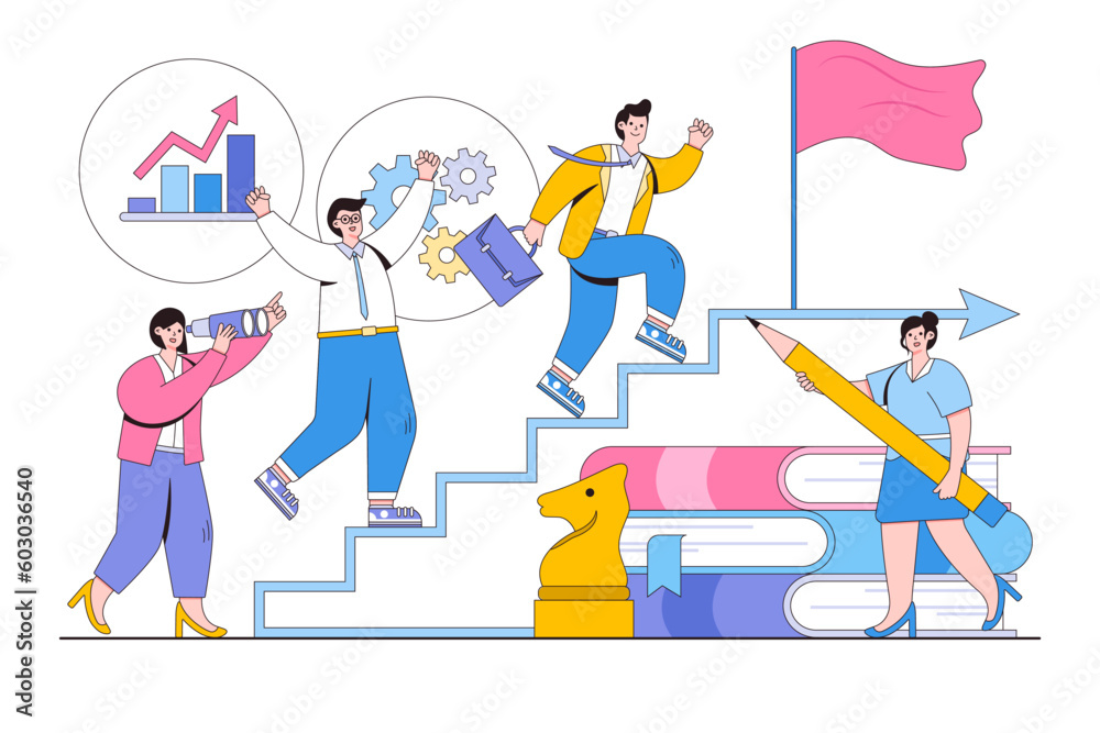 Vector illustration of businessman running up the stairs to the goal, teamwork, career planning and career development