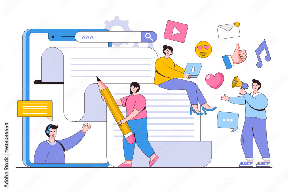 Vector illustration of online news, social networks, virtual communication, information search and company news with people characters Vector illustration of online news, social networks, virtual communication, information search and company news with people characters