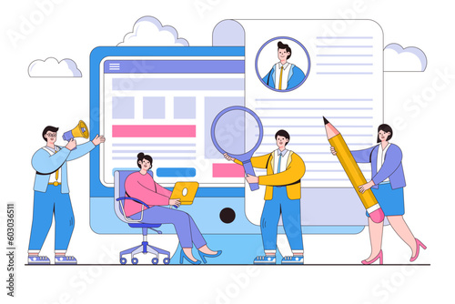 Vector illustration of business people characters fill out the form and hiring employees
