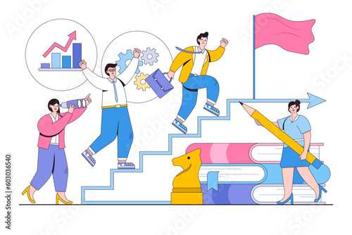 Vector illustration of businessman running up the stairs to the goal, teamwork, career planning and career development © VZ_Art