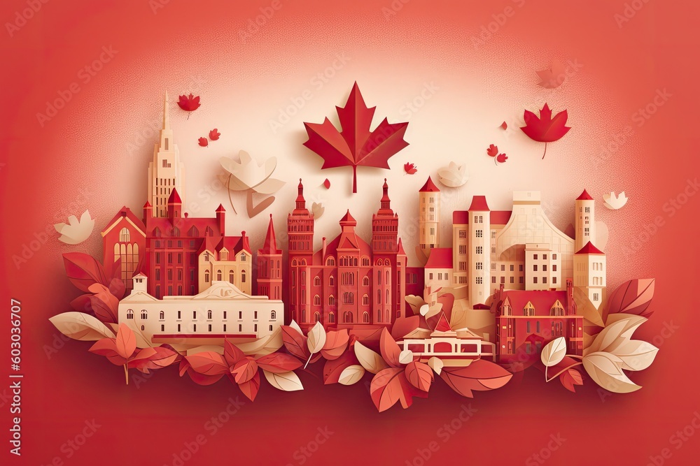 Beautiful illustration showcasing Canadian symbolism in some Canadian city. Generated AI.