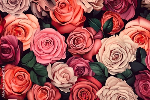Love and Romance Blossoming: Close-up of Pattern of Roses as Beautiful Valentine/Wedding Illustration, Generative AI
