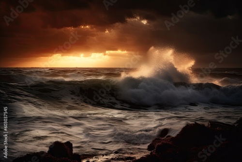 The Power of Nature: Furious Dark Sea at its Mightiest with Stormy Waves Breaking at the Reef. Generative AI © AIGen