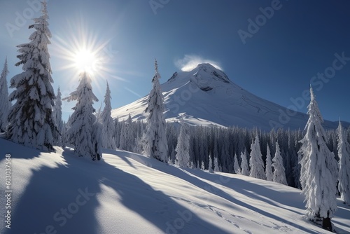 Winter Wonderland: Majestic Mount Hood Covered in Snowy Landscape with Clear Blue Skies, Generative AI