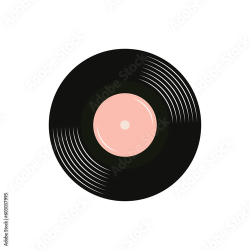  drawn vinyl LP record with gray label,black old technology, realistic retro desig, Illustration, stock vector musical plate icon isolated on white background.