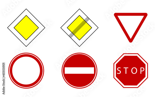 Set of road signs, Traffic signs on white background. The main road, the end of the main road, give way, stop, entry is prohibited