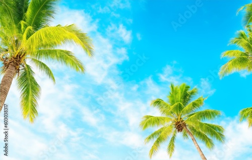 Blue sky and palm trees view from below, vintage style, tropical beach and summer background, travel concept, generative ai