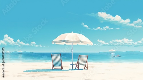 Beautiful beach with white sand, chairs and umbrella .Travel tourism . Wide panorama background concept.copy space, amazing beach landscape, ai generative