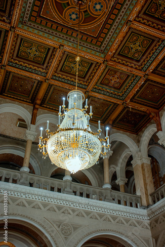 Canvas Print luxurious crystal chandelier on the background of a beautiful mosaic ceiling Chernivtsi, Ukraine- May 6
