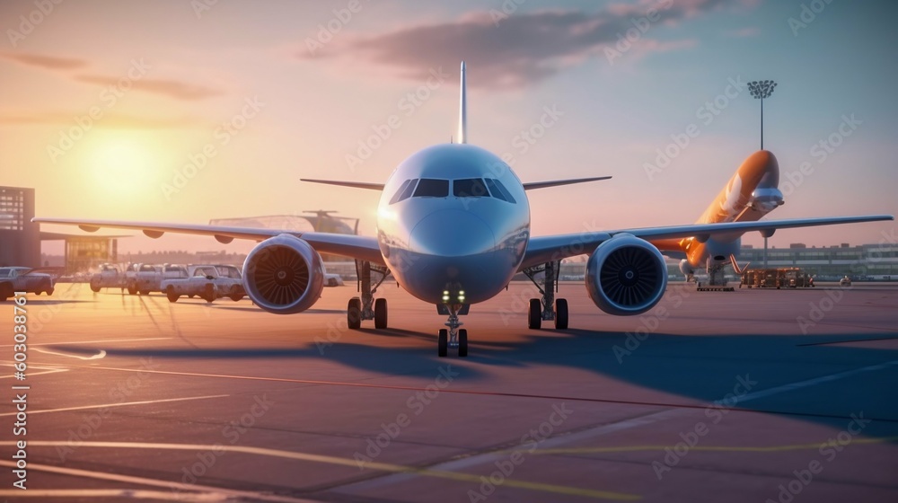Medium-Sized Passenger Aircraft on Tarmac in Front of an Airport Terminal. Generative ai Medium-Sized Passenger Aircraft on Tarmac in Front of an Airport Terminal. Generative ai