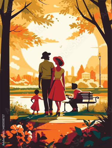 Happy family walking in park. Poster in retro style. Vector illustration