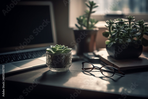 Freelance and work from home concept. Laptop, eye glasses and a succulent plant on working table.  Generative AI