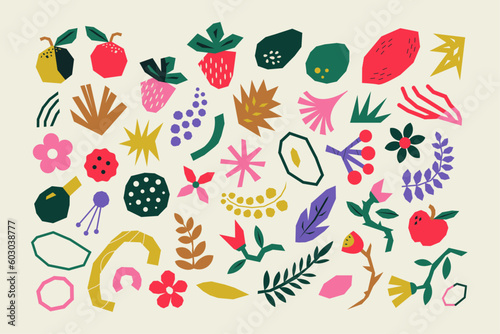 Paper cut floral elements. Colorful cute botanical set. Vector illustration. Bundle with flowers, wild berries, branches, twigs, leaves, fruits, plants, foliage and petals. Spring seamless pattern.